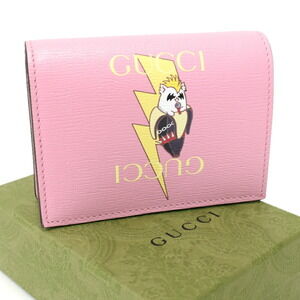 Gucci Bi fold Compact Wallet Card Metal Bananya Leather Pink